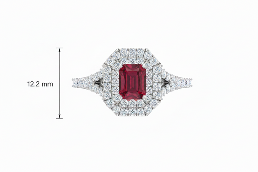 Emerald Cut Ruby With Double Halo