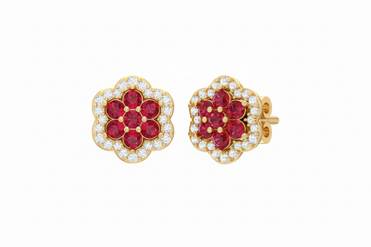 Brilliant Cut Ruby & Diamond Floral Cluster Studs Earring
